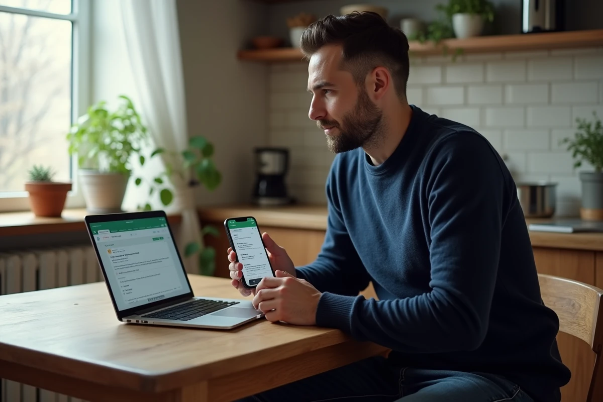 Homme accédant à sa messagerie via une application sur laptop et smartphone synchronisés à domicile