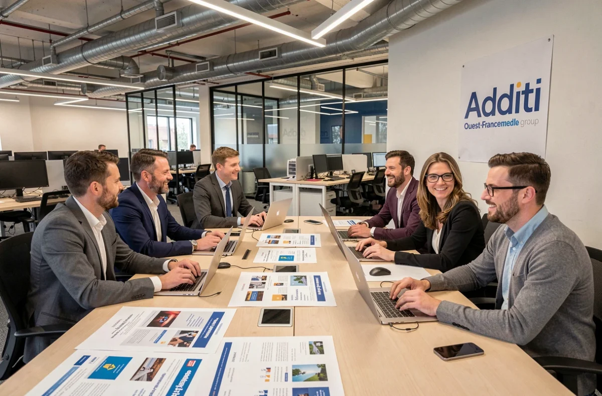 L'équipe d'Additi, filiale digitale d'Ouest-France spécialisée WordPress, réunie autour d'une table de travail dans leurs bureaux