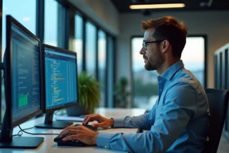 Administrateur de base de donnees en action dans un bureau moderne