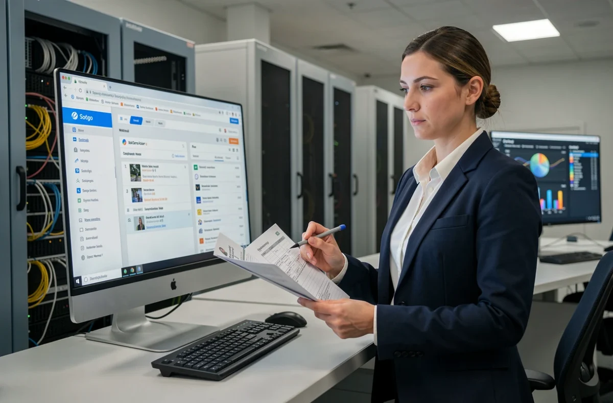 Administratrice informatique comparant différentes interfaces webmail académiques sur un ordinateur de bureau