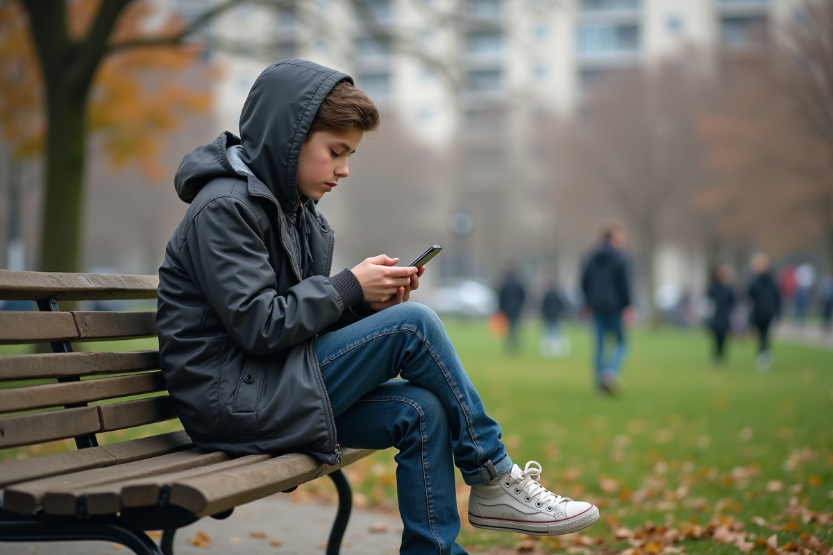 Adolescent assis sur un banc de parc en scrolling sur son téléphone