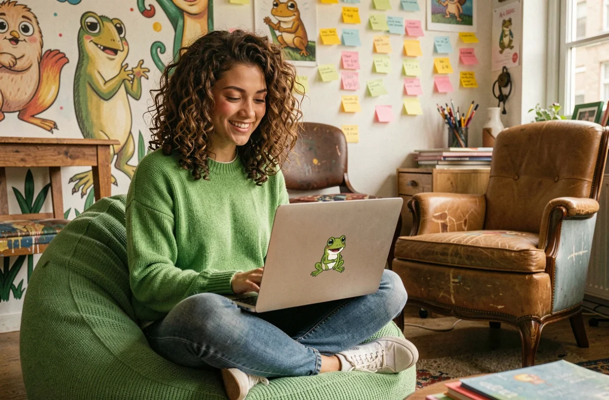 Designer UX de l'agence e-Frogg travaillant sur une boutique Shopify dans un studio créatif et coloré avec des murales illustrées