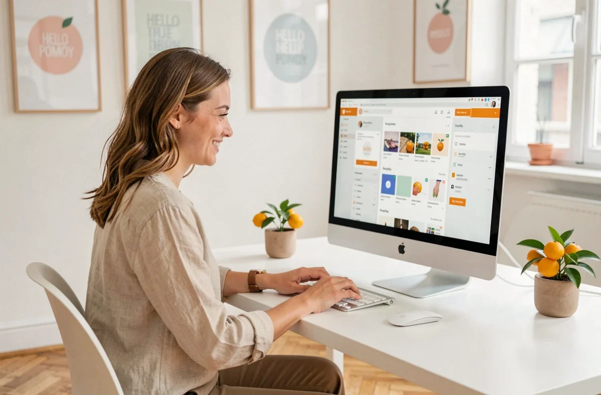 Professionnelle de l'agence Hello Pomelo travaillant sur une boutique Shopify dans un studio créatif lumineux et minimaliste