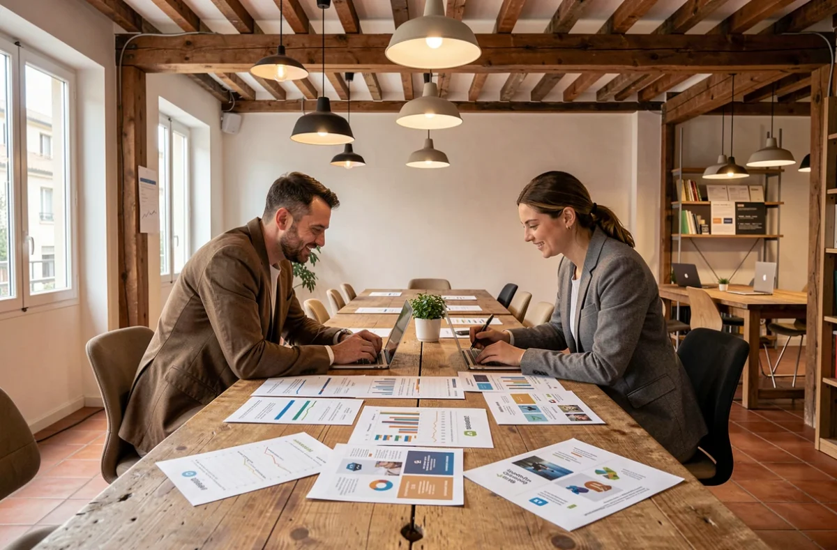 Équipe de l'agence Jones and Co collaborant autour d'une table en bois sur des rapports Shopify dans un espace de travail chaleureux à Marseille