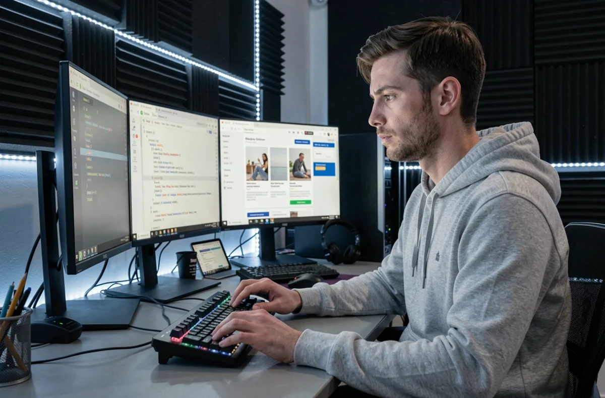 Développeur de l'agence Oneonic codant un thème Shopify sur plusieurs moniteurs dans un bureau technologique sombre et organisé