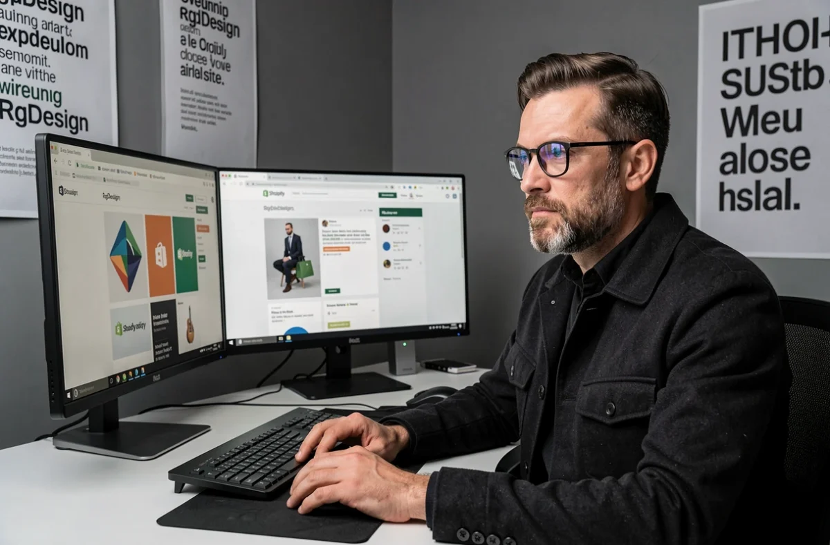 Directeur artistique de RgDesign travaillant sur des identités visuelles et des boutiques Shopify devant deux moniteurs dans un studio épuré