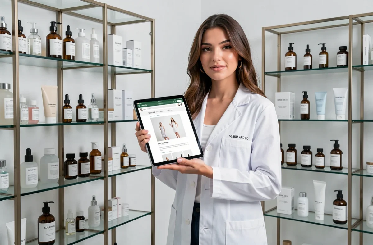 Consultante de SERUM AND CO présentant une boutique Shopify beauté sur tablette dans un studio minimaliste aux étagères apothicaires