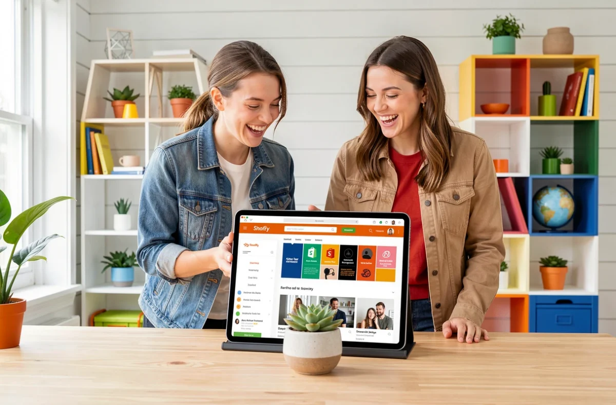 Duo créatif de l'agence Snazzy examinant une maquette Shopify colorée sur tablette dans un studio aérien et moderne