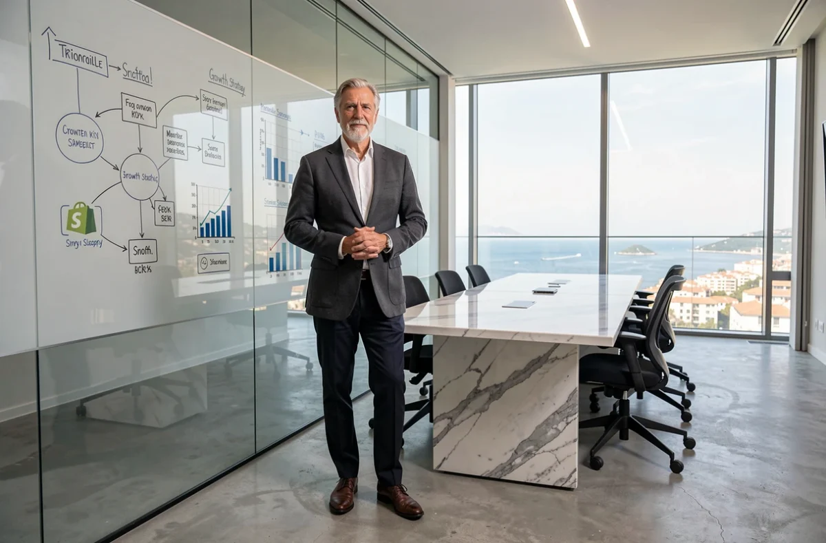 Consultant senior de l'agence Triaina présentant une stratégie Shopify sur tableau en verre dans une salle de réunion sophistiquée avec vue sur la Méditerranée