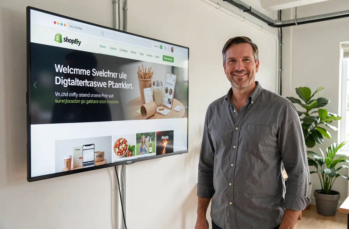 Stratège digital de WELCOME MAX présentant une page d'accueil Shopify sur grand écran dans un bureau ouvert et accueillant