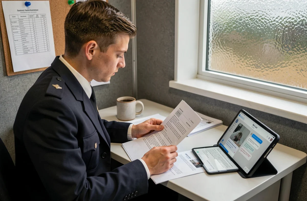 Agent douanier en uniforme triant des courriels Mercure imprimés et sur tablette dans un poste de contrôle douanier