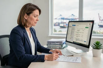Agente des douanes organisant sa messagerie Mercure sur ordinateur dans un bureau professionnel avec vue sur un terminal portuaire