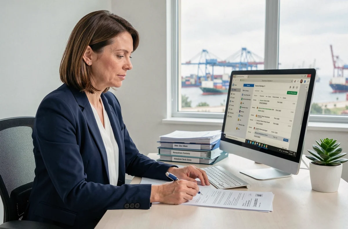 Agente des douanes organisant sa messagerie Mercure sur ordinateur dans un bureau professionnel avec vue sur un terminal portuaire