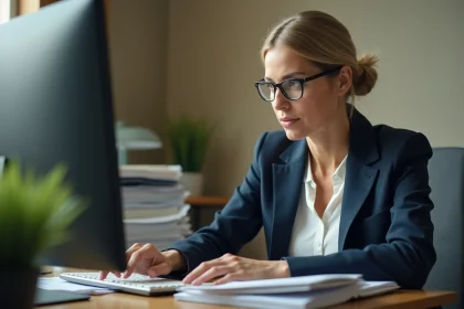 Agente du ministère consultant ses courriels professionnels sur l'interface Melanie2web dans un bureau administratif