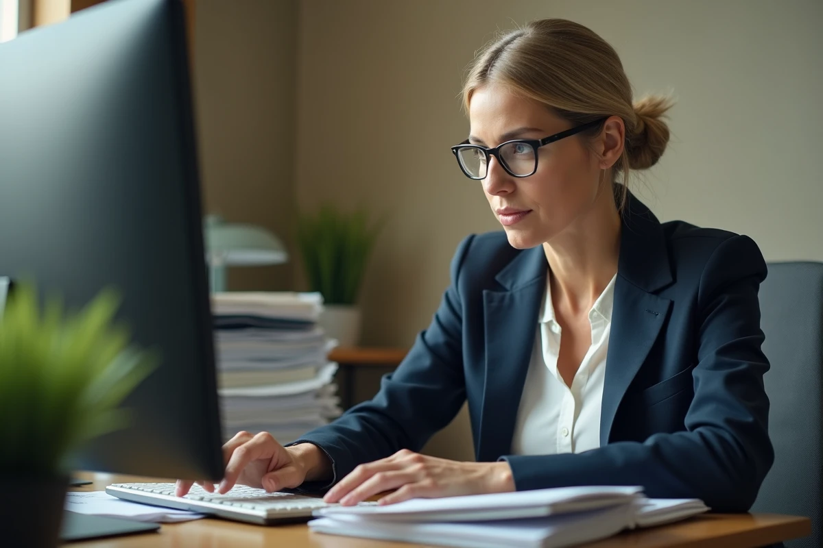 Agente du ministère consultant ses courriels professionnels sur l'interface Melanie2web dans un bureau administratif