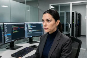 Analyste en cybersécurité travaillant sur des tableaux de bord de sécurité dans un centre opérationnel moderne illustrant secmodel en 2026