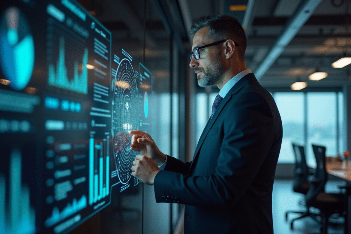 Homme d'affaires analysant des données digitales en bureau