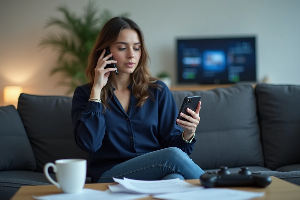 Femme appelant le support client Sony PlayStation depuis son salon avec des documents préparés sur la table basse