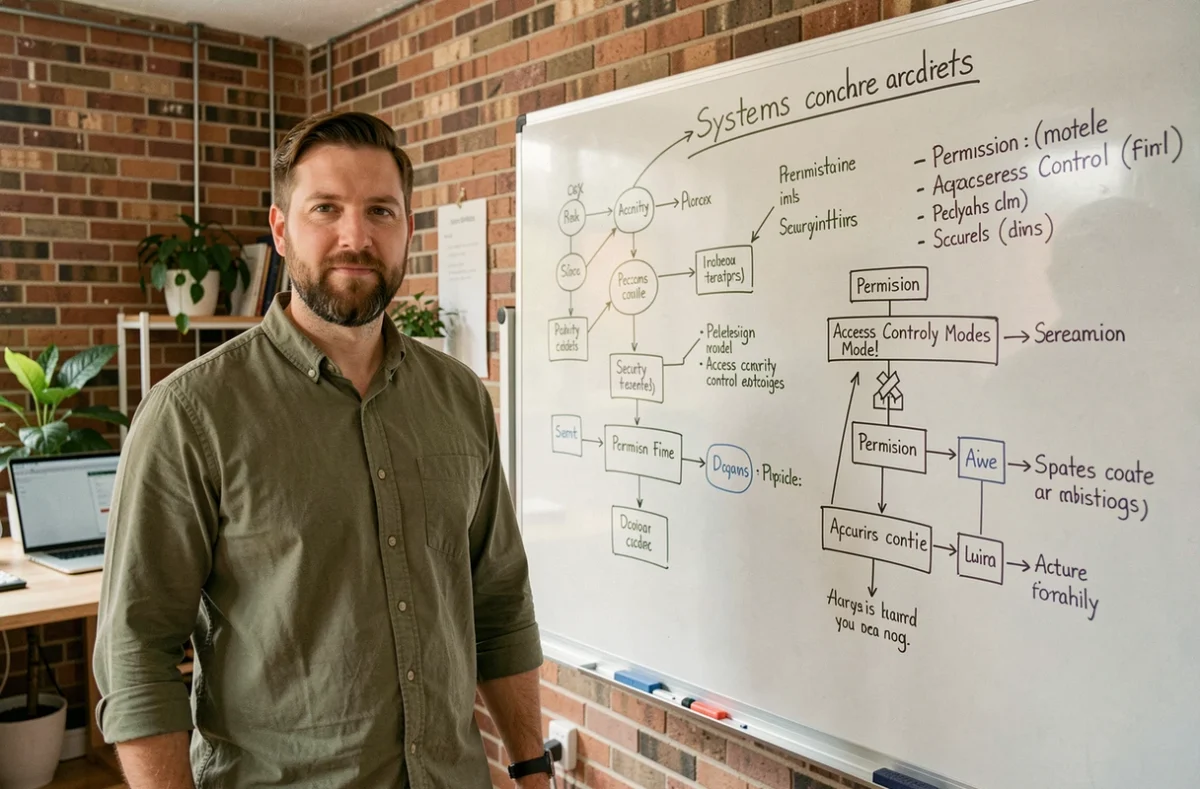 Architecte systèmes présentant un schéma de modèle de sécurité secmodel sur tableau blanc dans un bureau tech