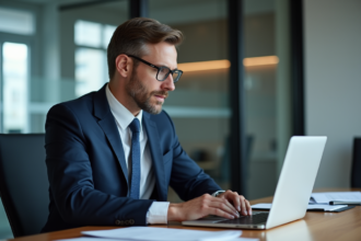 Auditeur professionnel en costume navy examine des documents