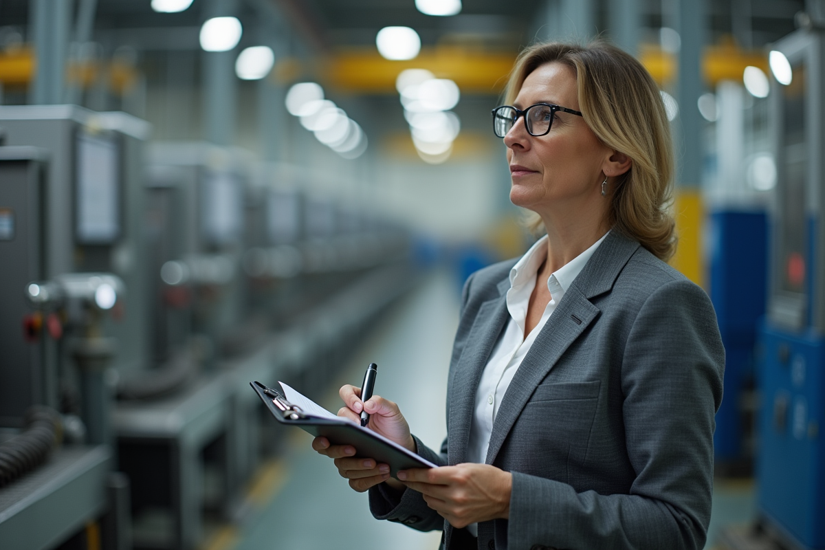 Auditrice en blazer gris observe une ligne de production