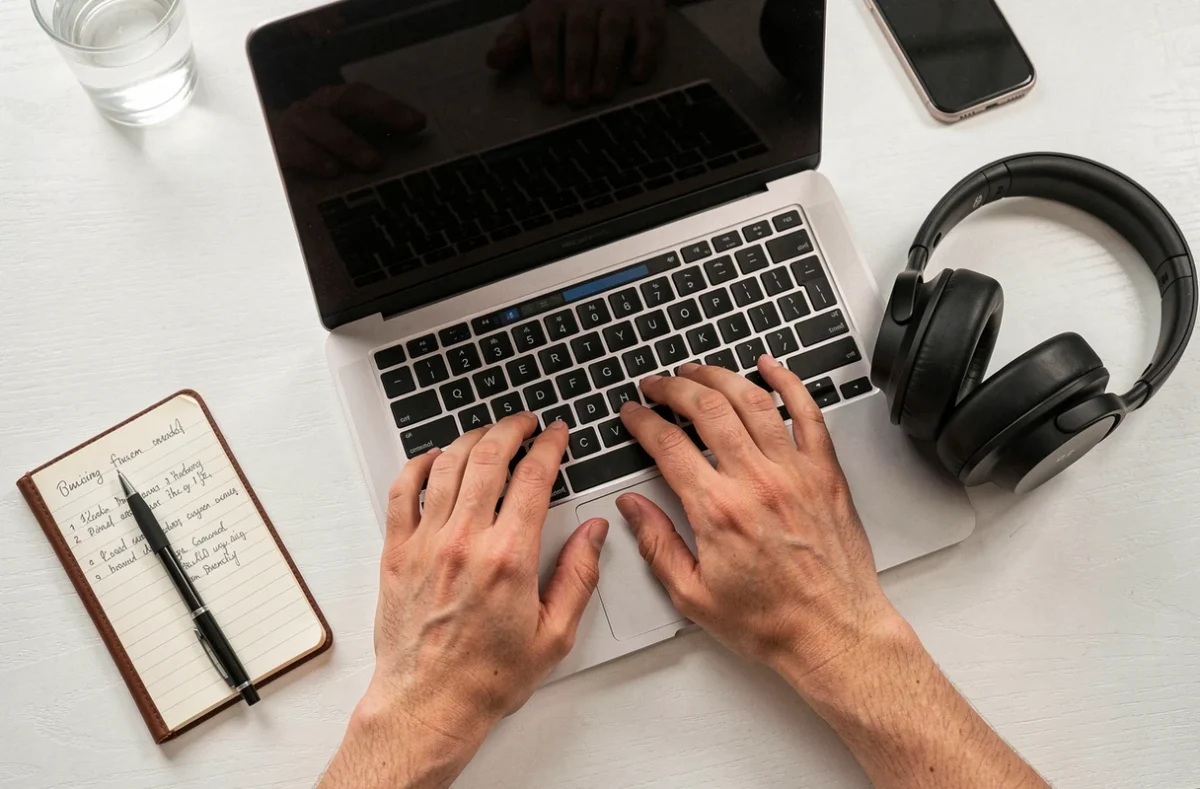 Gros plan sur un bureau avec ordinateur portable, casque audio et notes manuscrites pour illustrer la conversion de musique YouTube en MP3