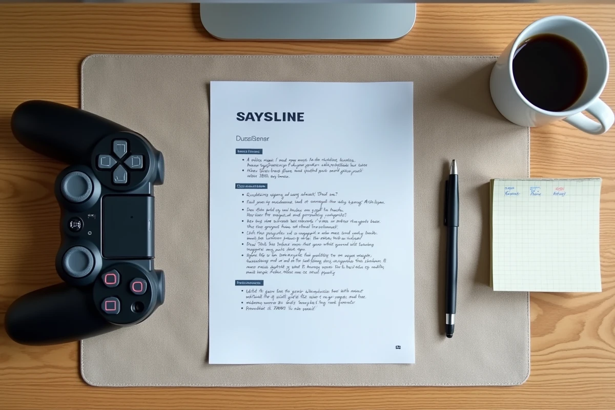 Vue aérienne d'un bureau organisé avec une manette PlayStation, des documents annotés et un smartphone pour contacter le support Sony