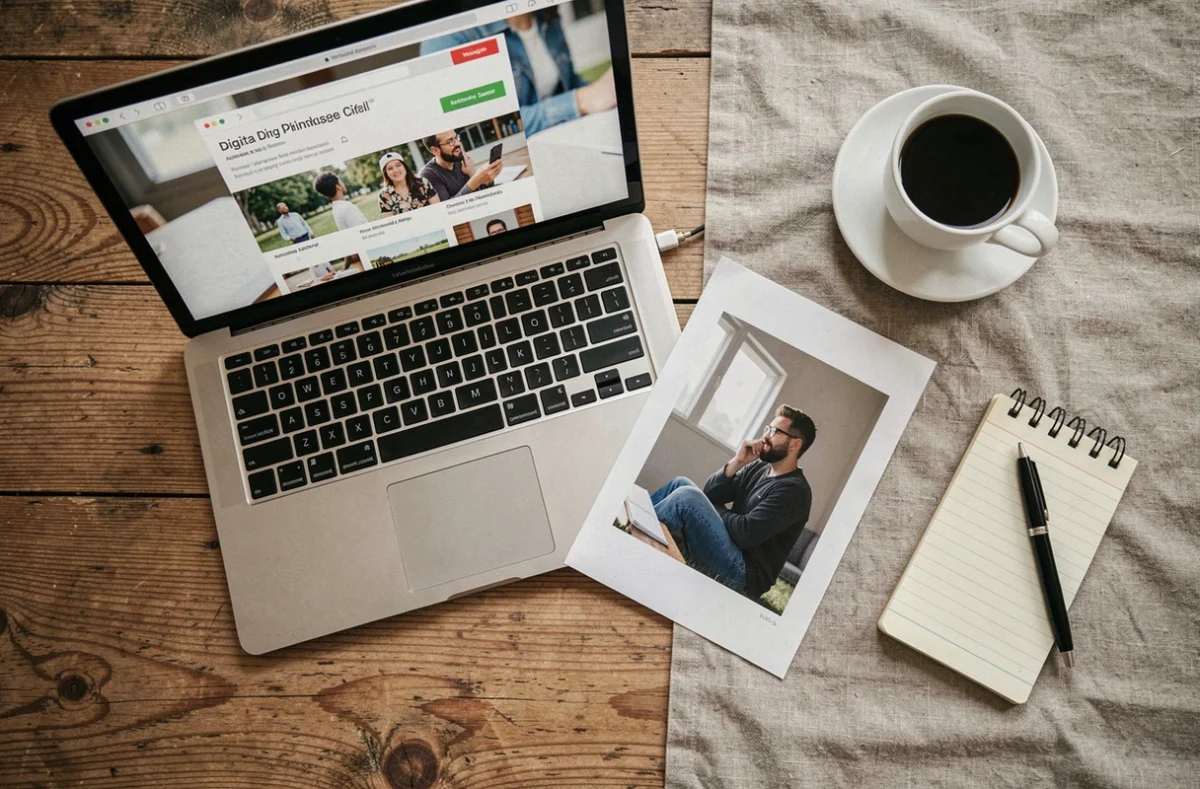 Vue aérienne d'un bureau avec ordinateur portable affichant un site d'hébergement de photos, photo imprimée et carnet de notes