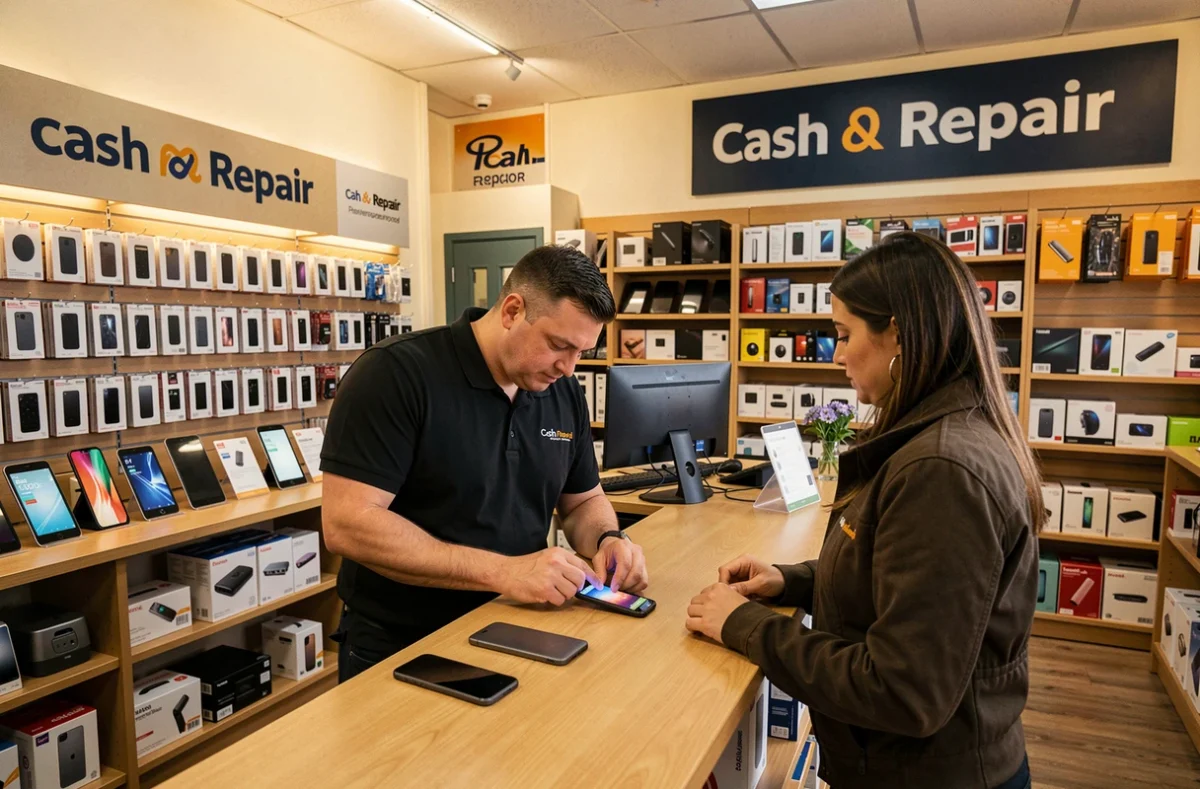 Boutique Cash and Repair avec un employé évaluant un smartphone dans un réseau franchise de réparation et rachat