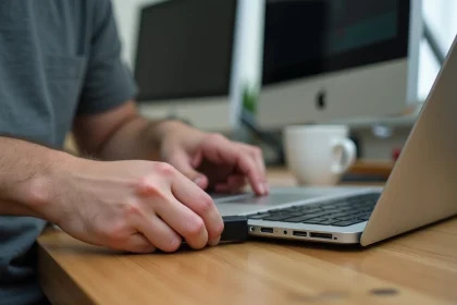 Homme insérant une clé USB dans un MacBook Pro pour créer une clé d'installation macOS