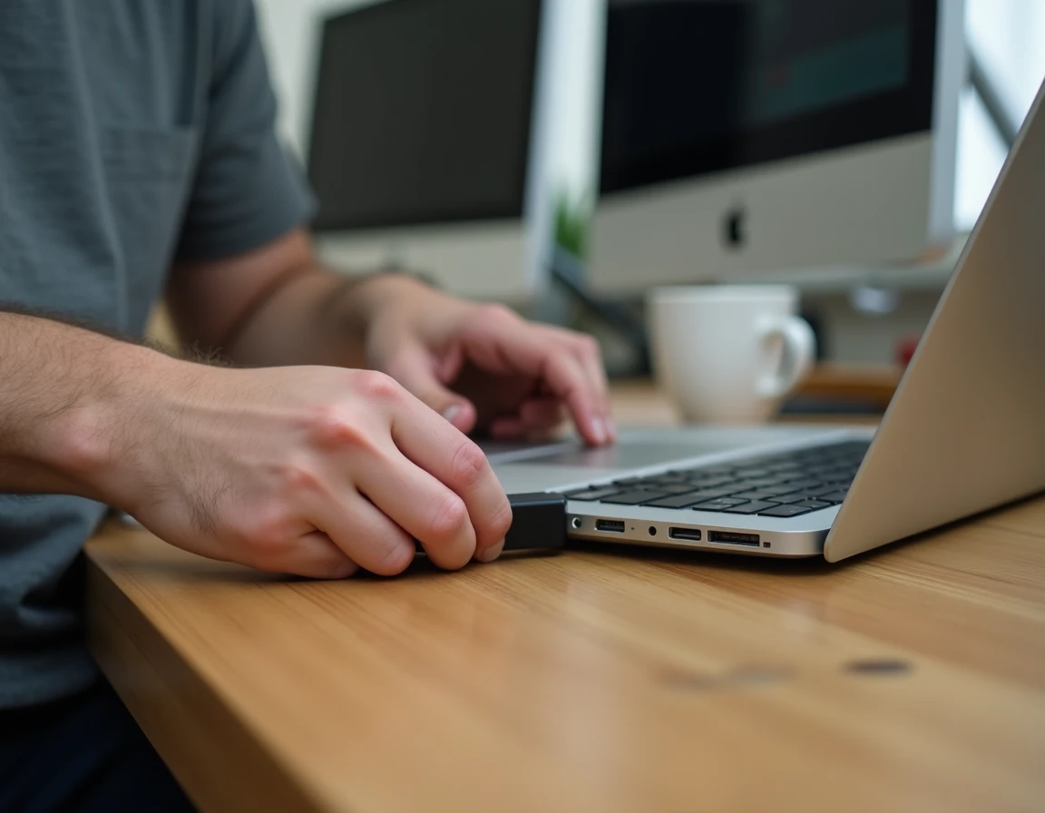 Homme insérant une clé USB dans un MacBook Pro pour créer une clé d'installation macOS