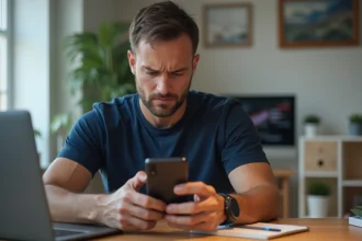 Homme tenant un smartphone affichant un code erreur L11-09 Orange, assis à un bureau en bois dans un bureau à domicile moderne