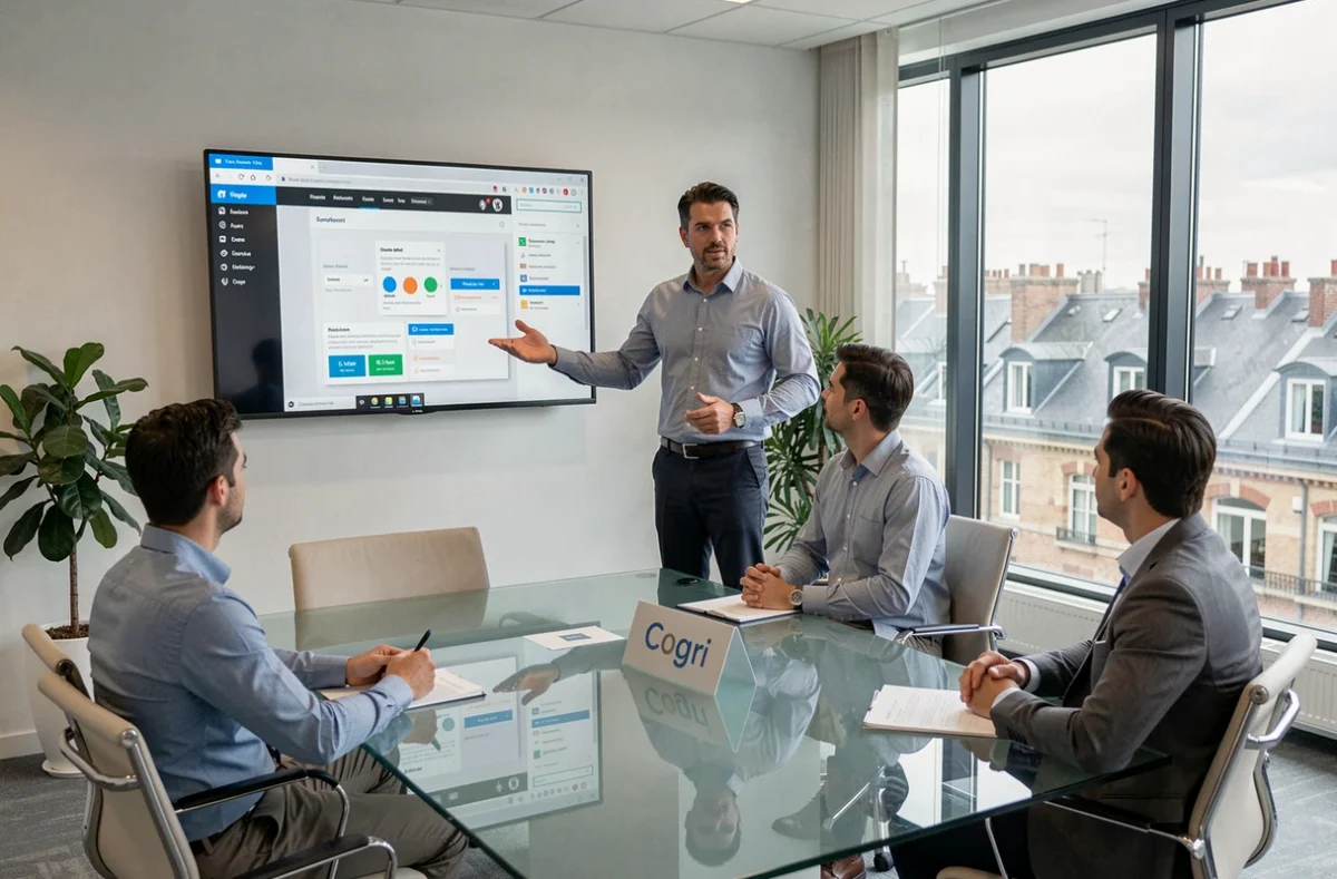 Réunion client dans les bureaux de l'agence Cogri dans la Sarthe, avec présentation d'un site WordPress sur grand écran