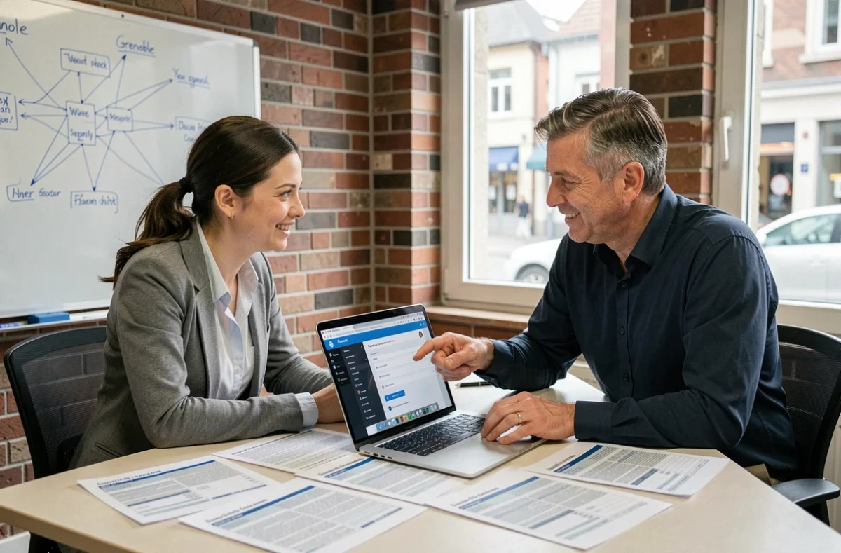 Deux techniciens informatiques collaborant sur la sécurisation d'une messagerie professionnelle dans un espace de coworking à Grenoble