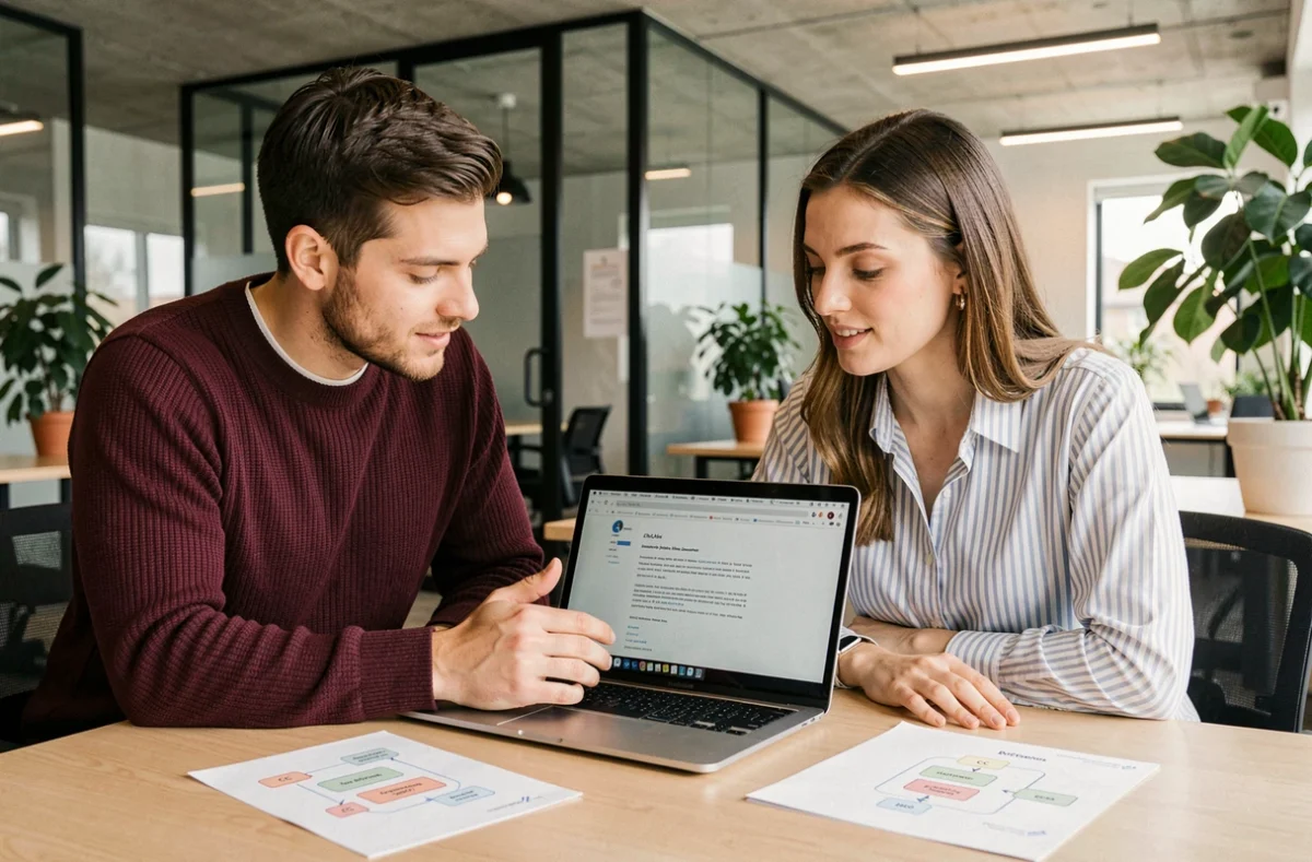 Deux collègues en espace de coworking discutant de la différence entre CC et CCI dans un email sur ordinateur portable