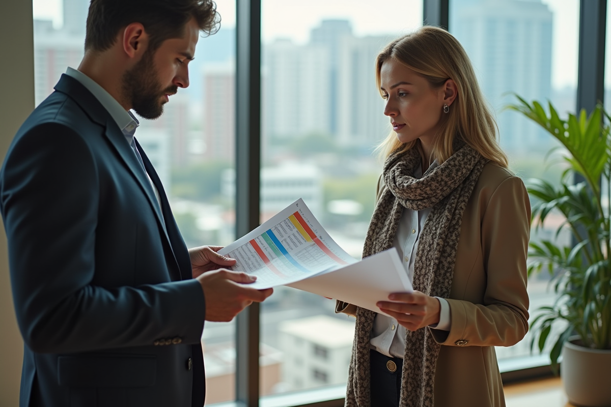 Deux collègues discutant de résultats de test dans un bureau moderne