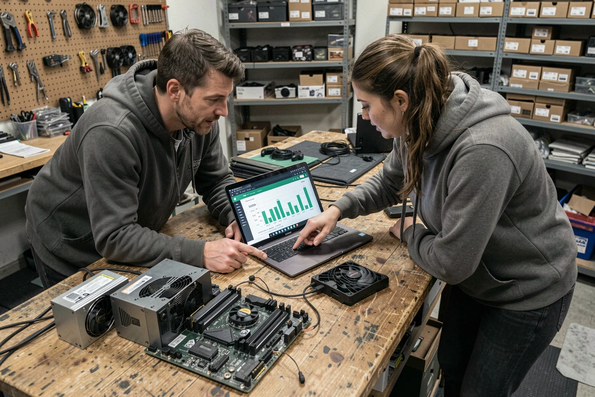 Deux joueurs comparant la consommation en watts de composants PC gaming sur un établi avec pièces informatiques