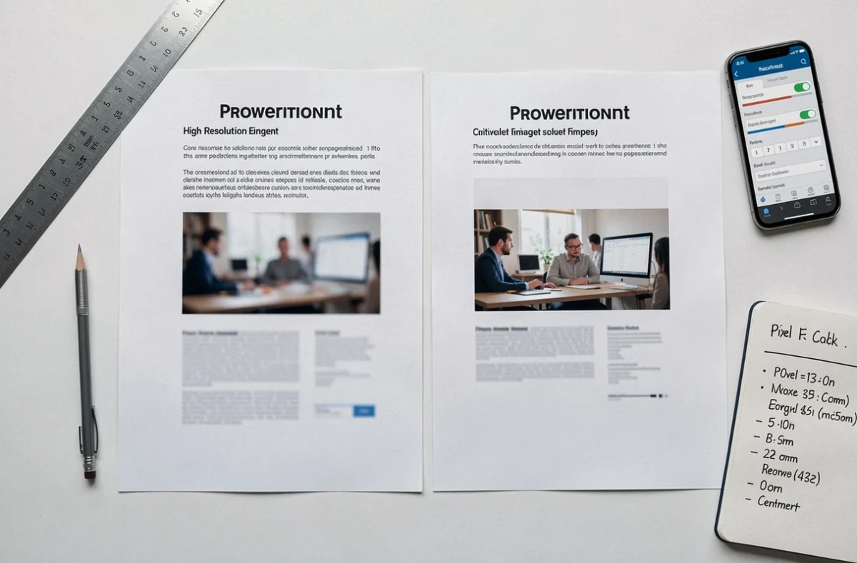 Vue aérienne d'un bureau avec comparaison de tirages PowerPoint flous et nets entourés d'outils de mesure et notes de résolution en pixels et centimètres