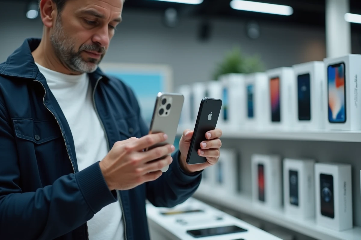 Homme en magasin comparant un iPhone 14 Pro neuf et un modèle reconditionné côte à côte devant un rayon de téléphonie