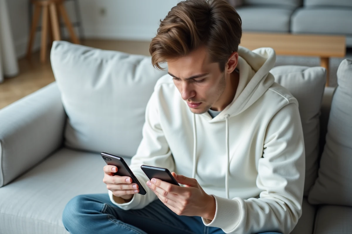 Jeune personne comparant deux smartphones Android pour comprendre les changements de la corbeille après une mise à jour