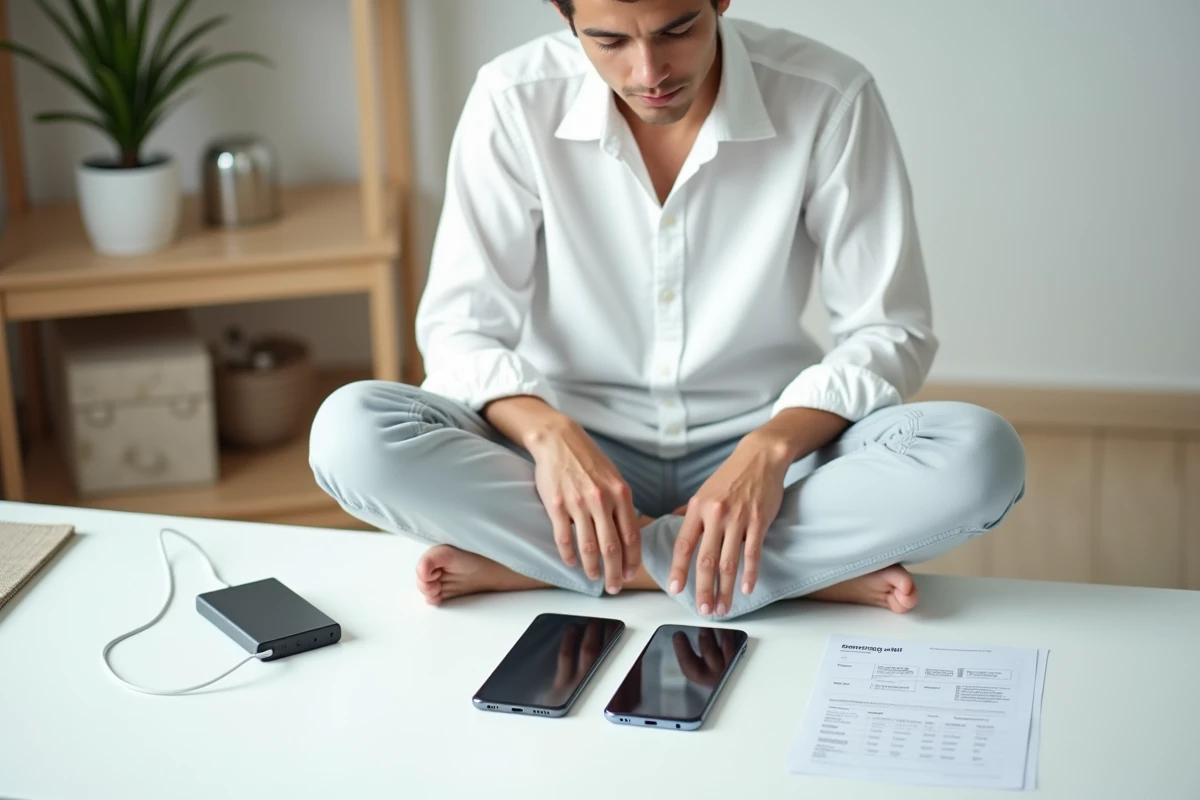 Comparaison de deux smartphones Samsung Galaxy posés sur un bureau minimaliste à la maison