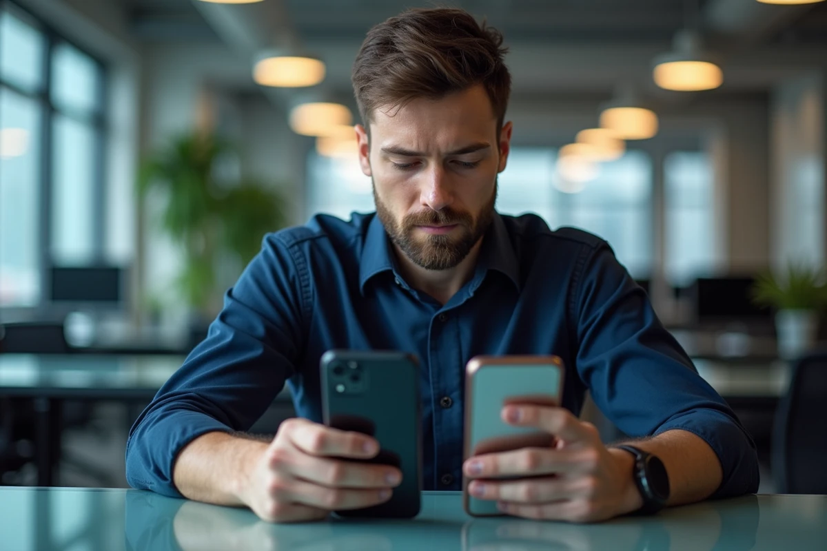 Homme comparant deux smartphones affichant des capacités de stockage différentes en Go et Mo