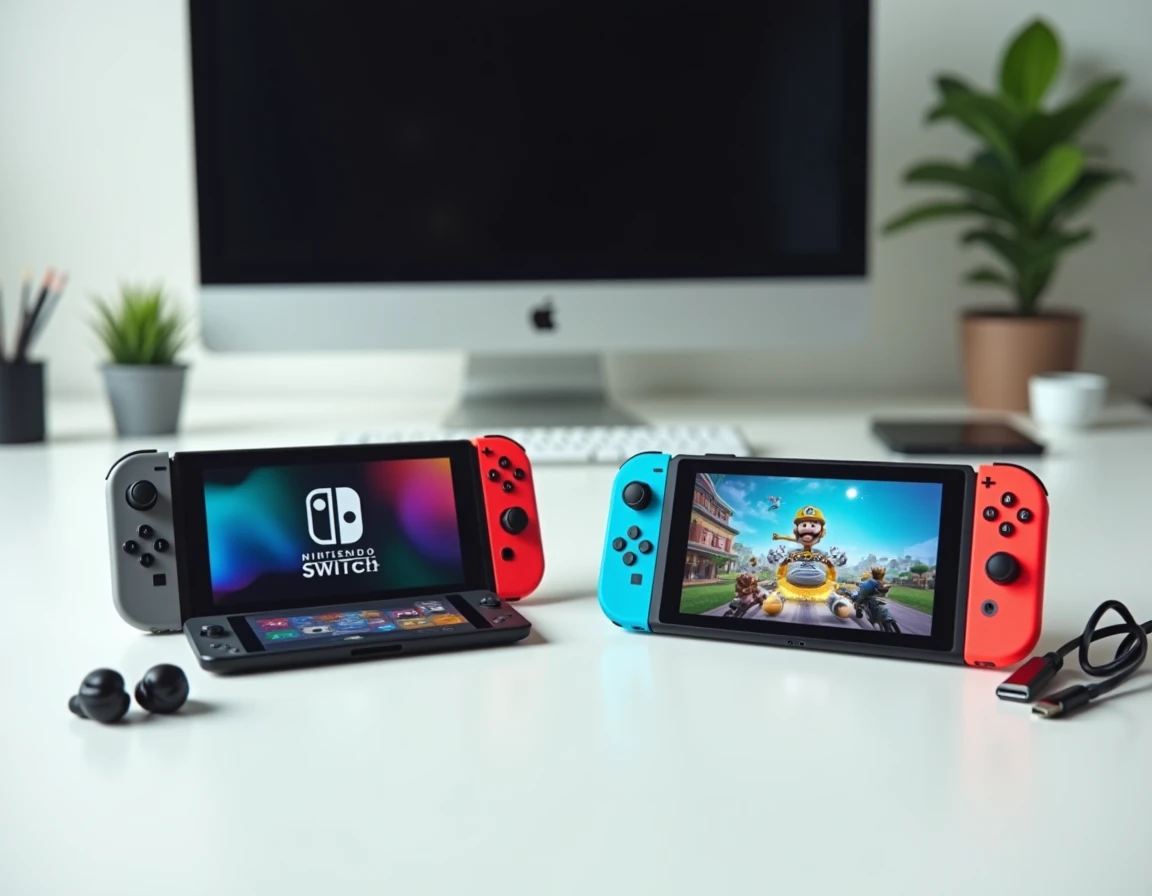 Comparatif côte à côte console Sony portable et Nintendo Switch sur bureau, choix gaming nomade 2026
