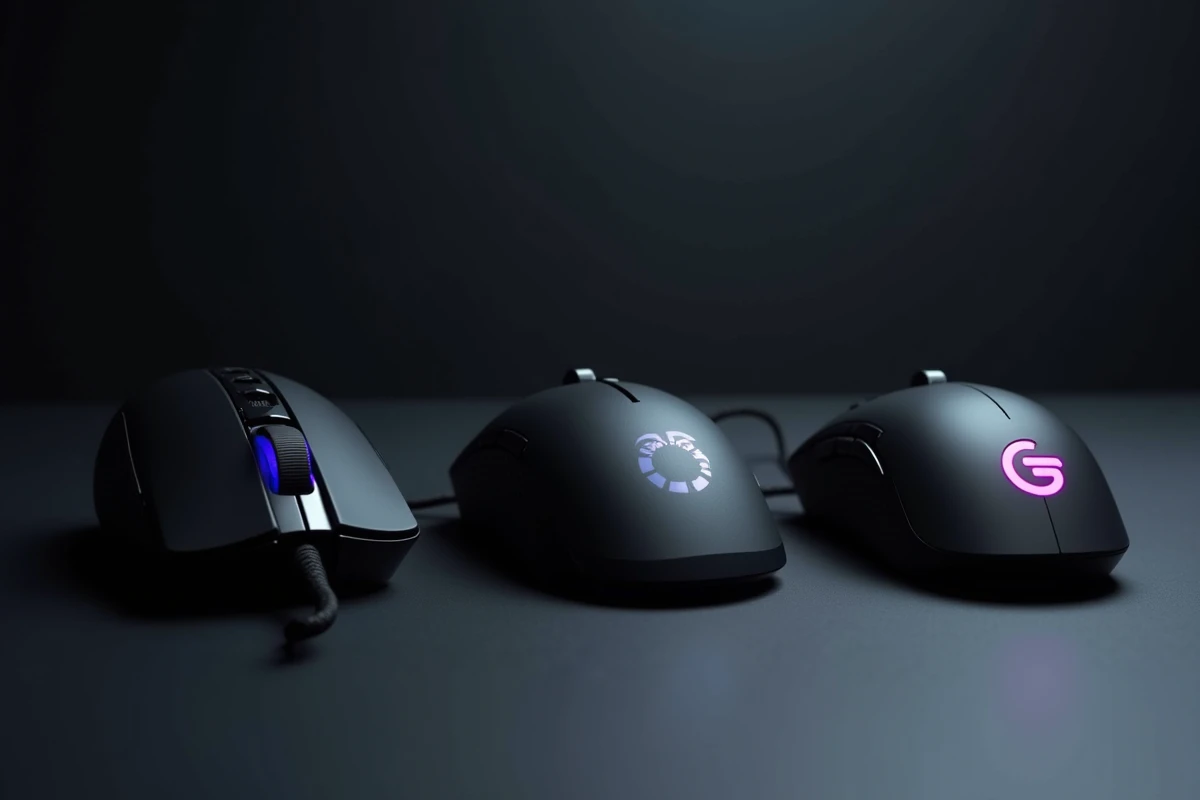 Comparatif de trois souris MMO compactes pour petites mains posées côte à côte sur fond sombre