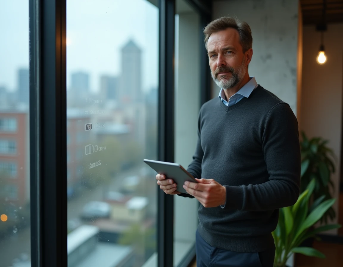 Homme tenant une tablette affichant des paramètres de confidentialité et de chiffrement des données dans un espace de co-working moderne