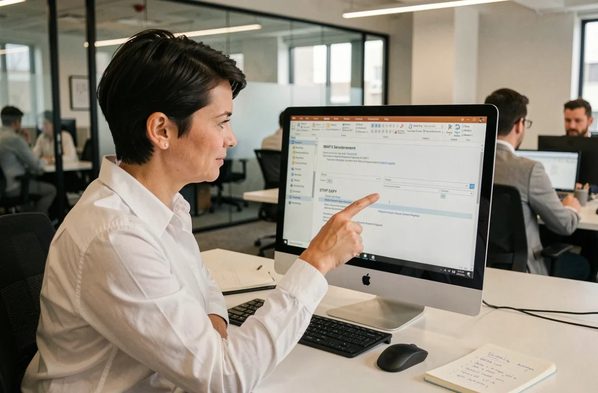 Femme configurant les paramètres IMAP et SMTP de la messagerie Wanadoo sur un ordinateur de bureau dans un bureau professionnel