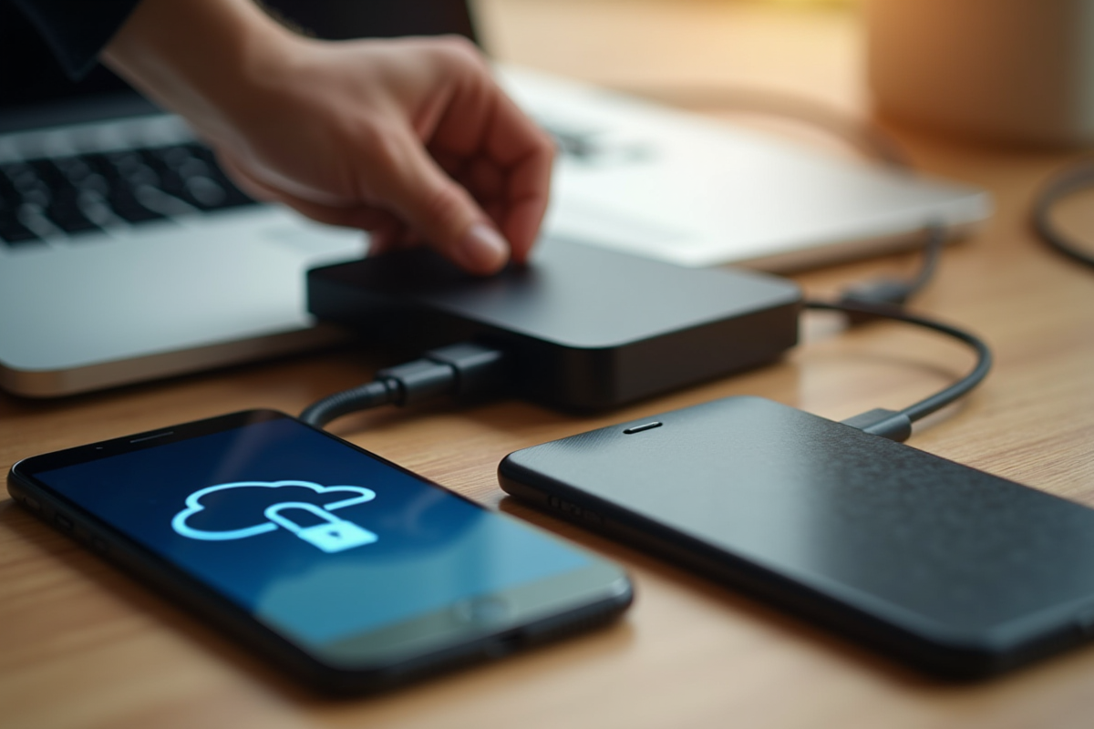 Main branchant un disque dur à un ordinateur portable avec smartphone cloud sécurisé