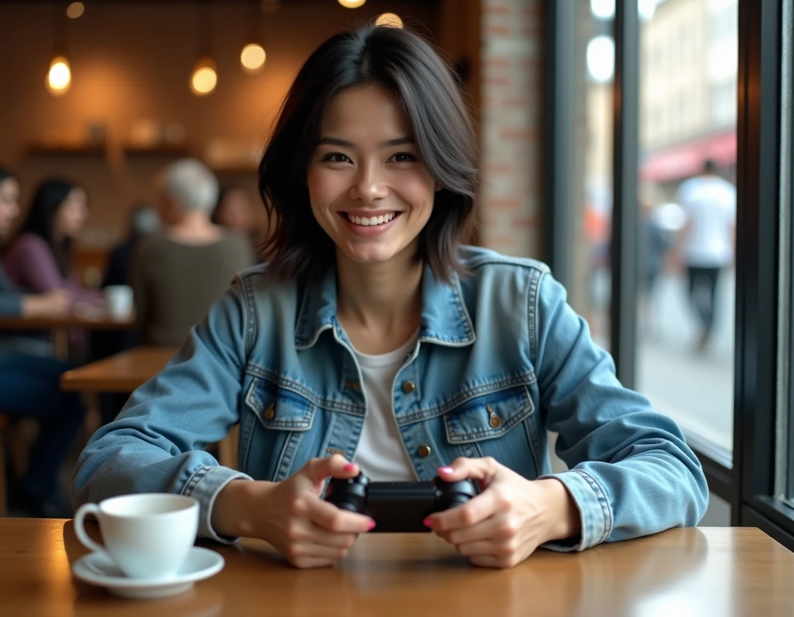 Femme jouant à une console hybride dans un café, Nintendo Switch vs Sony console portable 2026