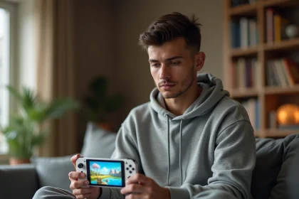 Jeune homme tenant une console portable Sony dans son salon moderne, comparaison console portable 2026
