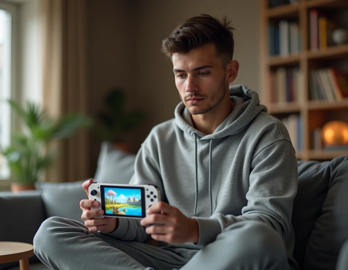 Jeune homme tenant une console portable Sony dans son salon moderne, comparaison console portable 2026